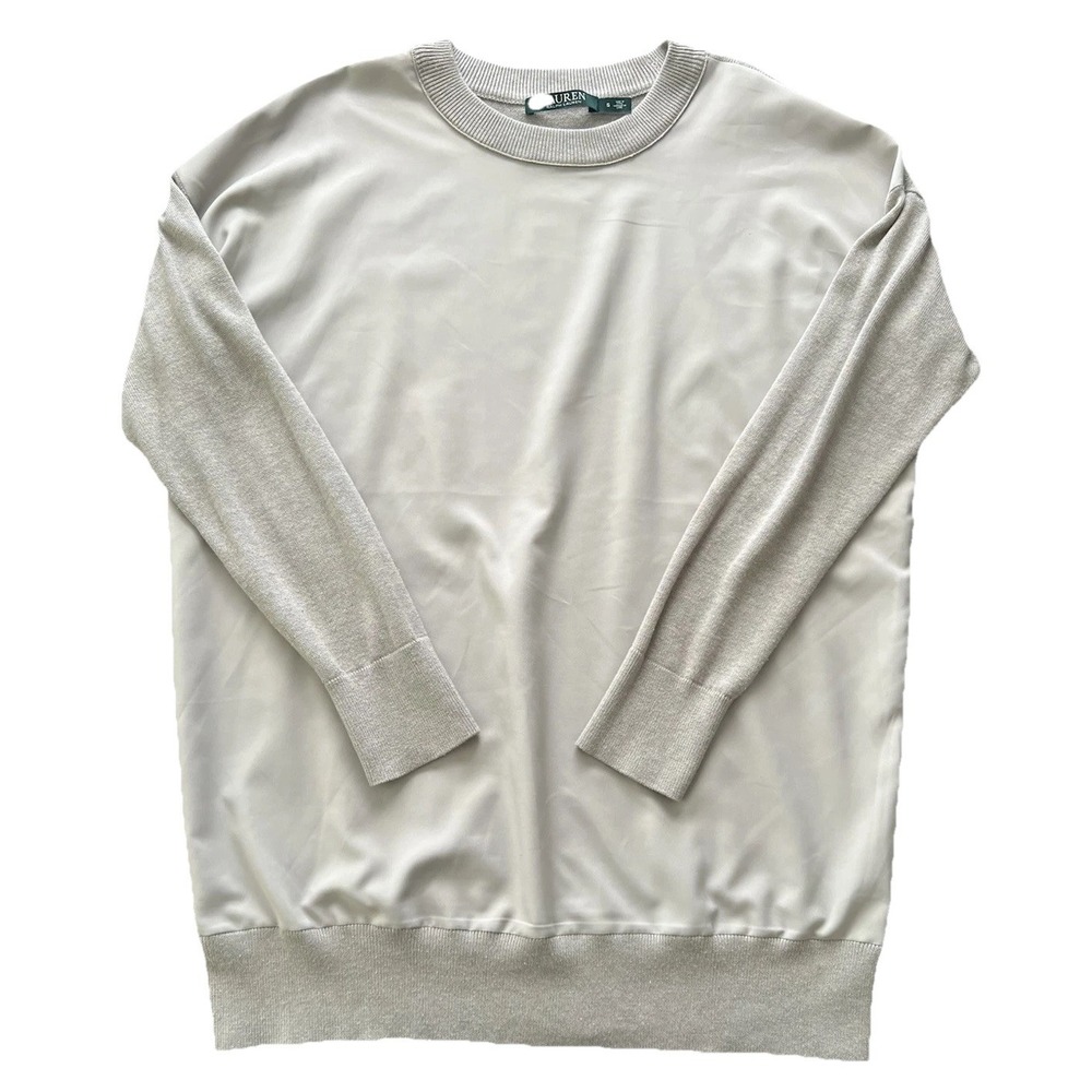 Lauren Ralph Lauren Silk Blend Mixed Media Sweater Top Gray Women Small